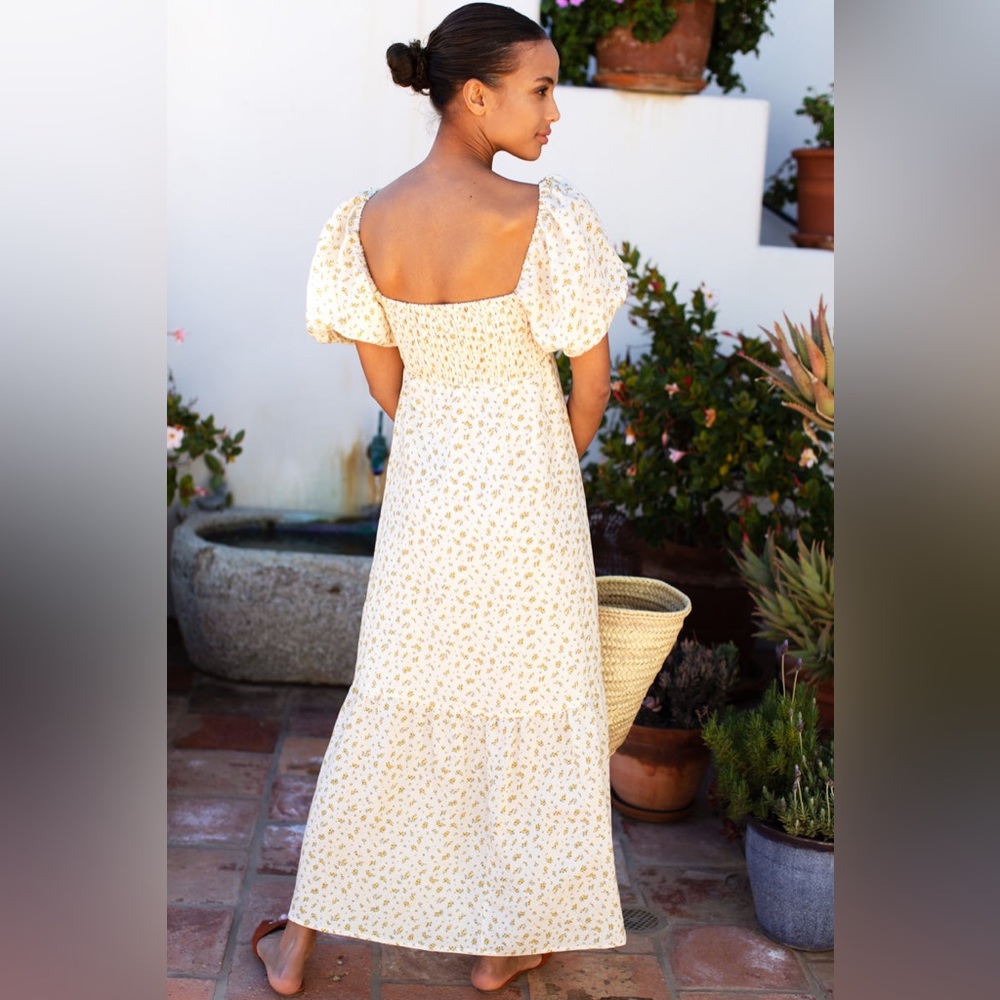 Emerson Fry Santiago Maxi Dress Anne Flowers Gold Linen Puff Sleeves Size M - Picture 3 of 14